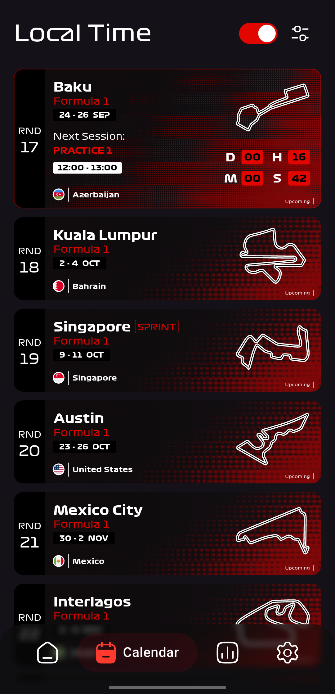 Racera race calendar showing upcoming Formula 1 events