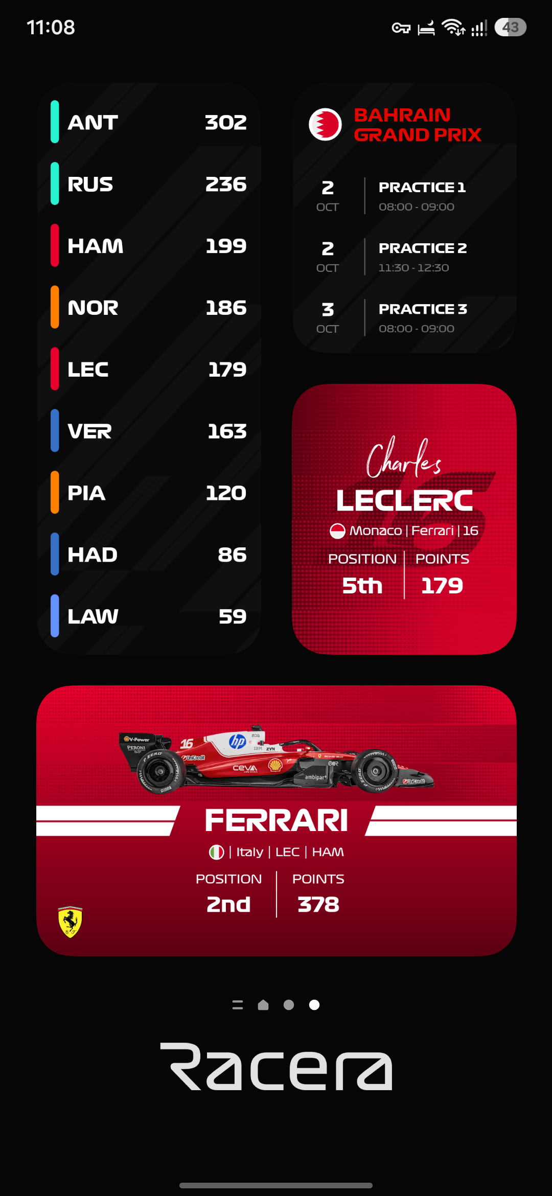 Racera widgets arranged on an Android home screen