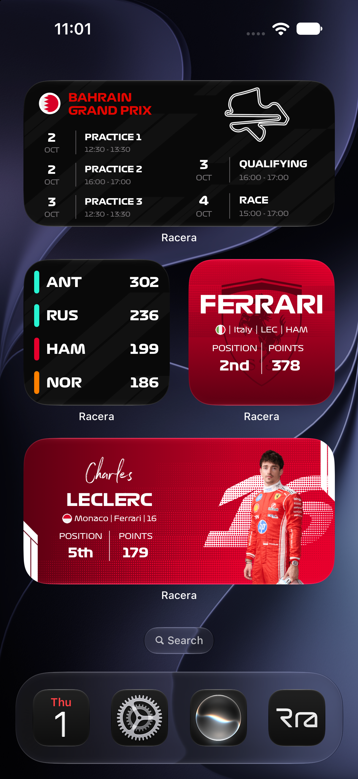 Racera widgets arranged on an iOS home screen
